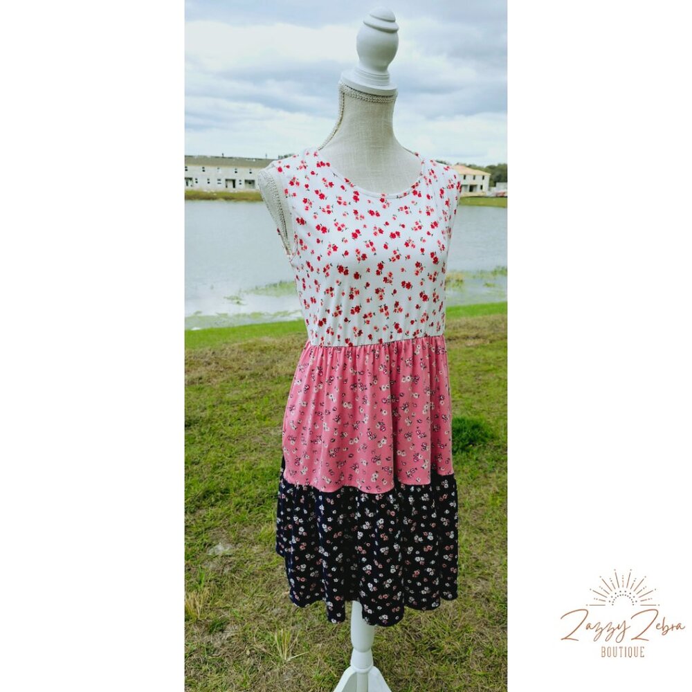 Butter Soft Floral Mini Dress - White/Pink/Navy Blue - Perfect Peach - X-LARGE